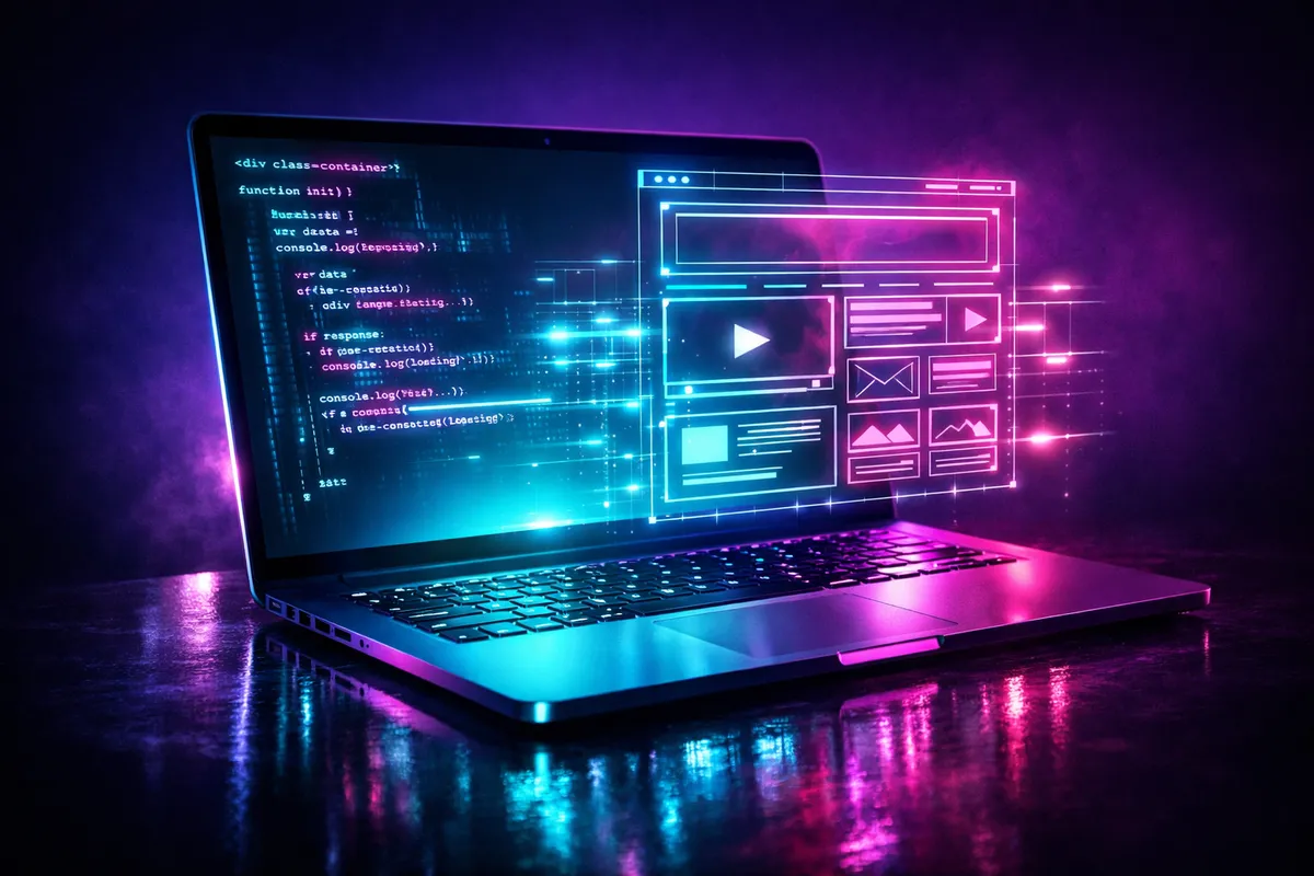 Neon-oplyst laptop med glødende kode på skærmen og et holografisk website-layout der flyder ud i mørket, i cyan og magenta farver - illustration af at bygge hjemmeside med AI